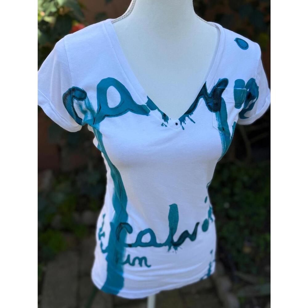 Calvin Klein Aqua & White Paint Splatter Short Sleeved Fitted Tee Size S